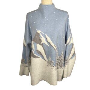 RACHEL ZOE Alpine Winter Landscape Mock Neck Sweater Blue & White Sz 2X EUC